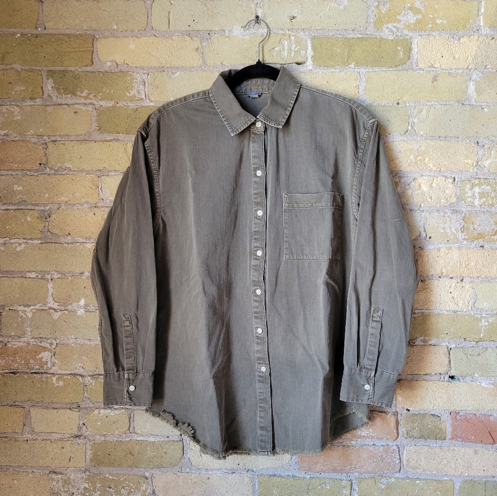 Aerie Army Green Cotton Boyfriend Button Down Shirt Womens Small Oversized